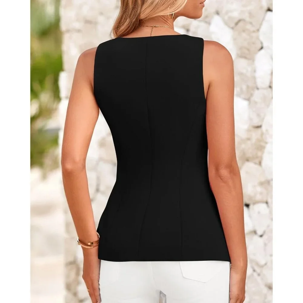 Women's Black Sleeveless Suit Vests Dressy Casual Square Neck Business Work